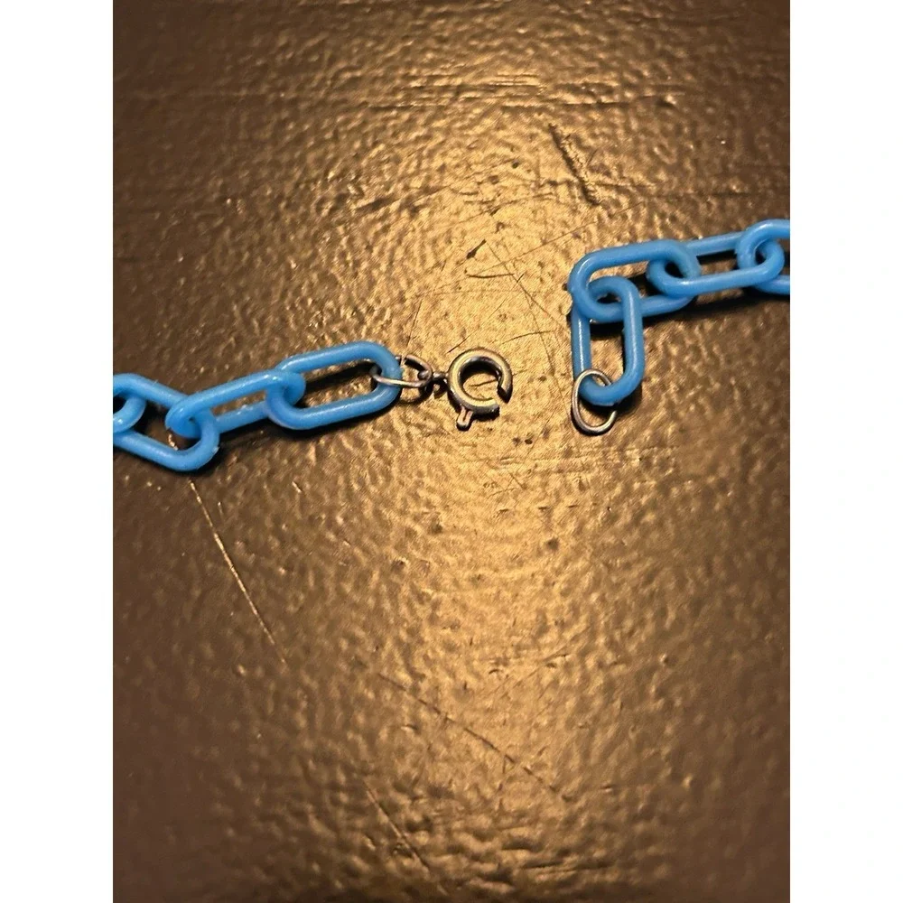 Vintage 80s Plastic Clip On Bell Charm Necklace 3 Charms Blue Chain READ‎